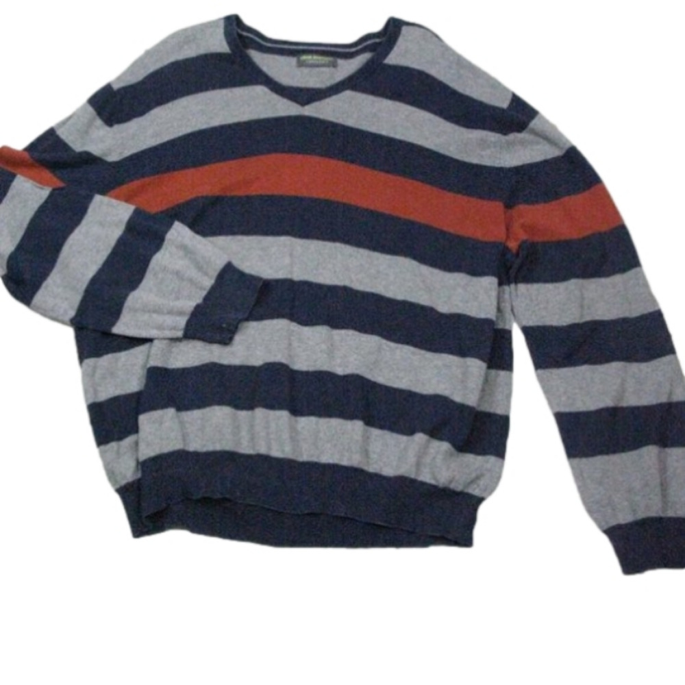 John Bartlett Gray/Navy Blue Stripe Lightweight V-Neck Sweater Size XXL